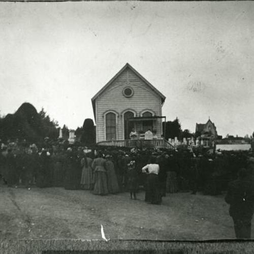 [Mass at little church in cemetery because Holy Cross was badly damaged in 1906 earthquake]