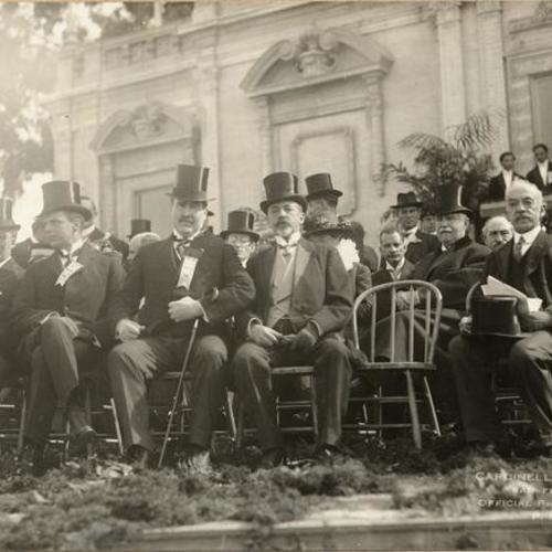 [Exposition President Charles C. Moore sitting next to Ignacio Saravia in front of the Guatemalan Pavilion at the Panama-Pacific International Exposition]