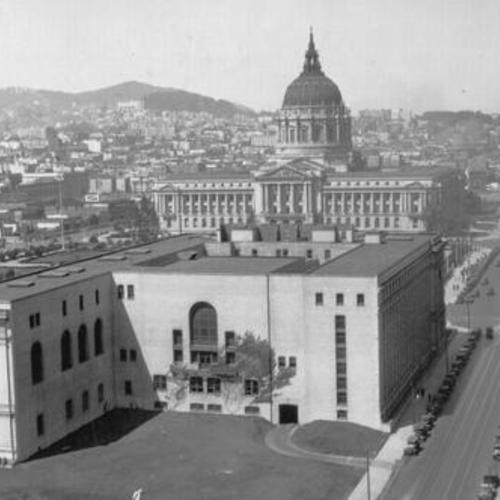 [Aerial view of back of Main Library exterior looking toward City Hall in 1930's]