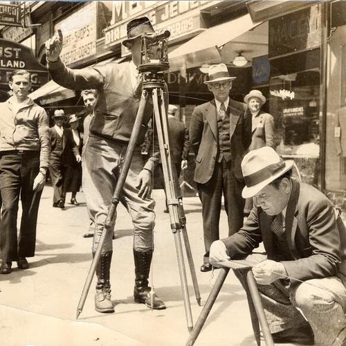 [Two men conducting a subway study on Market street at 5th]