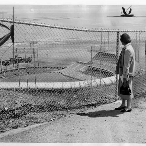 [Unidentified woman looking down at Candlestick Park]