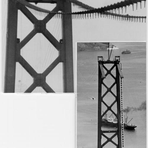 [Two views of San Francisco-Oakland Bay Bridge catwalks during construction, top photograph showing close view and bottom photograph showing aerial view]