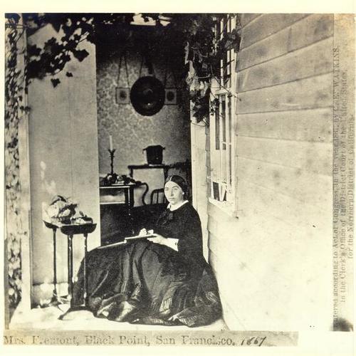 [Mrs. John C. Fremont sitting at porch of Black Point residence]