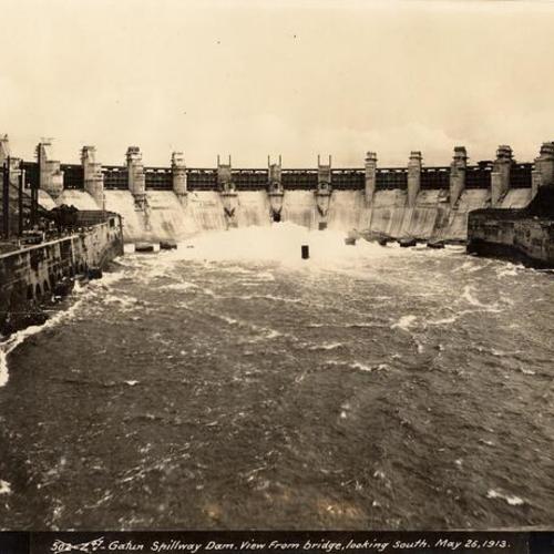 Gatum spillway dam. View from bridge, looking South. May 26, 1913
