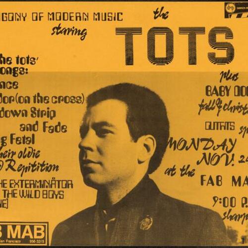 The agony of modern music starring the Tots, plus Baby Doodie, Fall of Christianity, Outfits, and Sponges at the Fab Mab, 1980