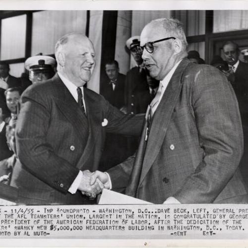 [Dave Beck, General President of the AFL Teamsters' Union and George Meany, President of the American Federation of Labor, after the dedication of the Teamsters' headquarters building in Washington, D.C.]