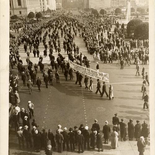 [Members of the Marine Federation Of The Pacific parading in front of City Hall]