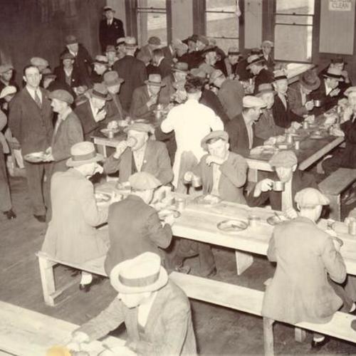 [Men eating at Mess Hall during Waterfront strike in 1934]