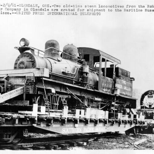 [Two steam locomotives, from the Robert Lumber Co. of Glendale, Oregon, being transported to San Francisco to be installed in the Transportation Museum at Hyde and Jefferson streets]