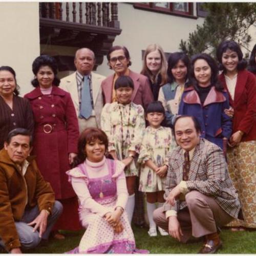 [Three generations of two families at family residence on San Buenaventura Way during Easter family gathering]