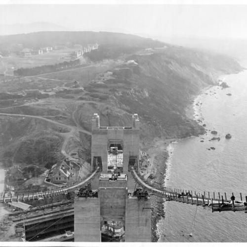 [Aerial view of catwalk construction of Golden Gate Bridge]