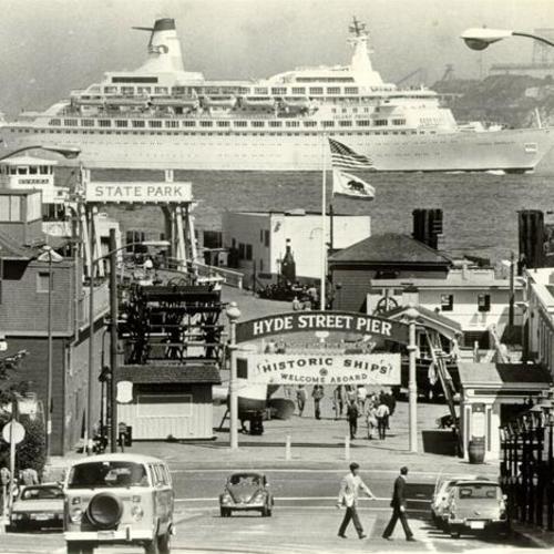 [View of Hyde Street Pier with Island Princess cruise ship in background]