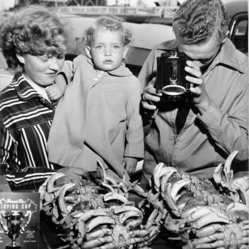 [Jay Shields of Tooele, Utah, taking a picture of crabs on sale at Fisherman's Wharf]