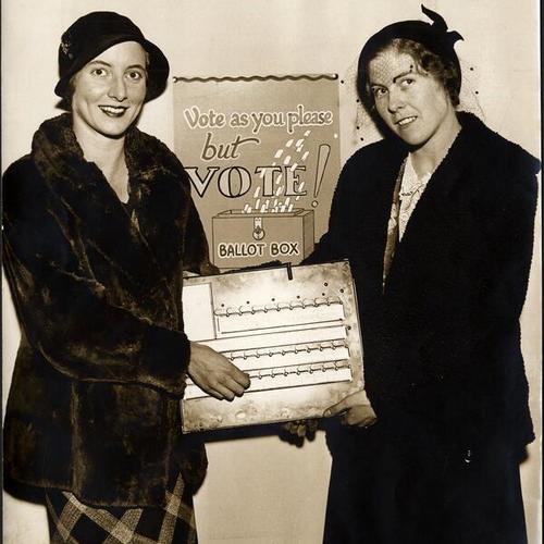 [Mrs. Osborne Schmidt and Mrs. Jerome A. Vernazza, members of California League Women Voters]