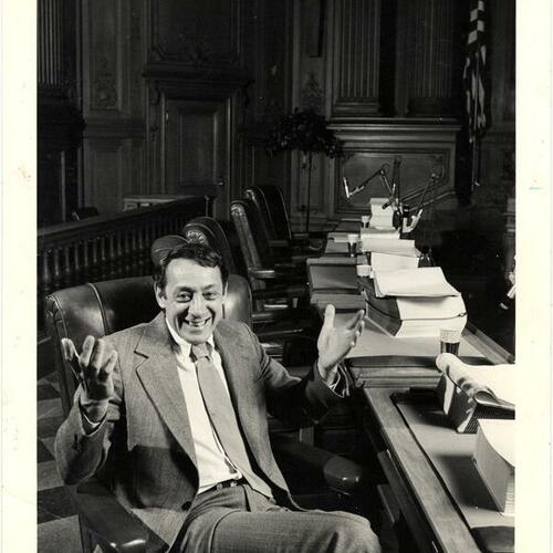 [Harvey Milk in Board of Supervisors Chambers in City Hall at the Budget Hearings openings]