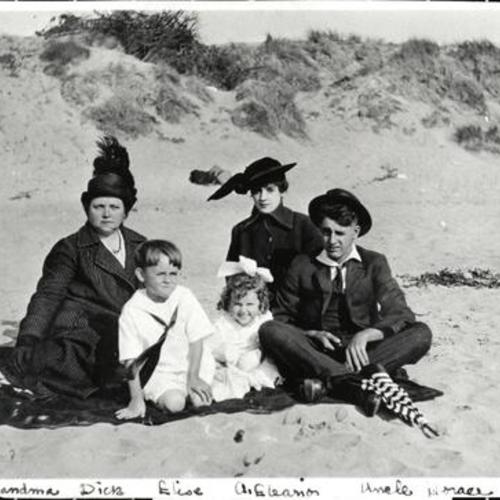 [Elise with her children, Eleanor and Horace and grandchildren Richard and Elise on Ocean Beach]