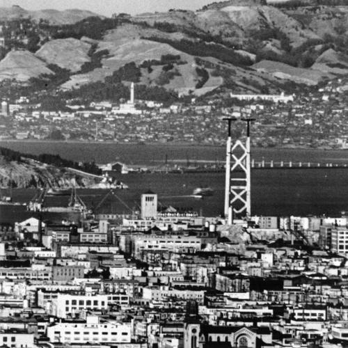 [View of San Francisco-Oakland Bay Bridge's first steel tower at the head of pier 20 on Embarcadero]