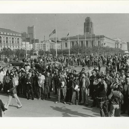 [Crowd gathered at City Hall after the murders of Mayor George Moscone and Supervisor Harvey Milk]