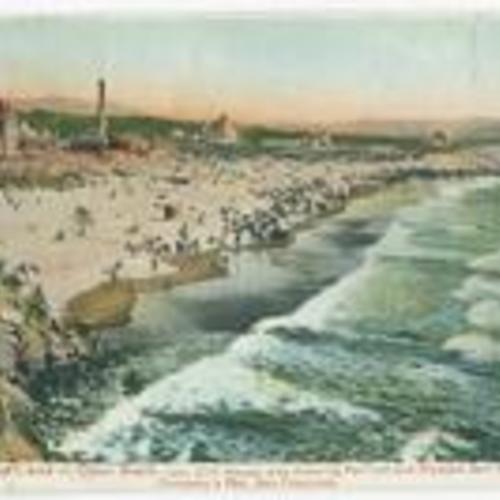 Holiday crowd on Ocean Beach, near Cliff House, also showing pavilion and Olympic Salt Water Company's pier, San Francisco