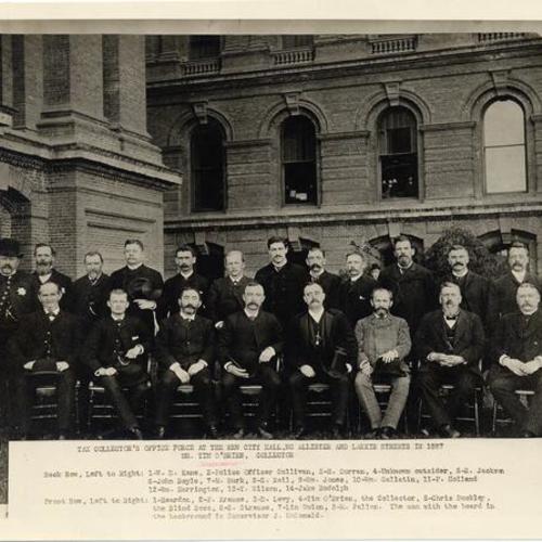 Tax collector's office force at the new City Hall, McAllister and Larkin Streets in 1887; Mr. Tim O'Brien, collector