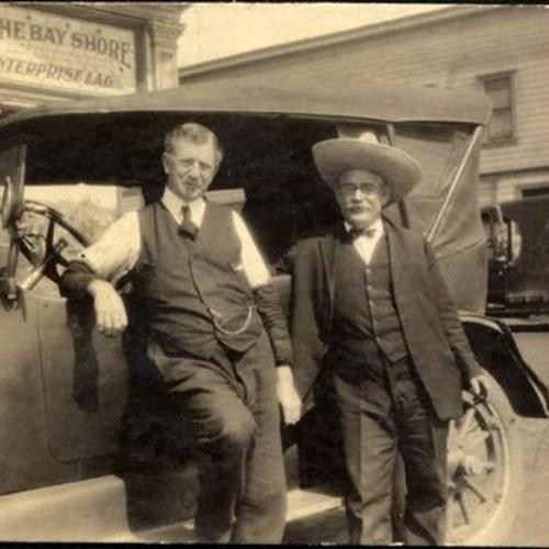 [Two unidentified men standing in front of The Bay Shore Hotel at Leland Avenue and San Bruno Avenue in Visitacion Valley]