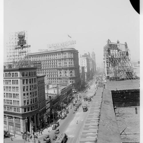 [Market Street looking east as viewed from rooftop across from Native Sons Statue]