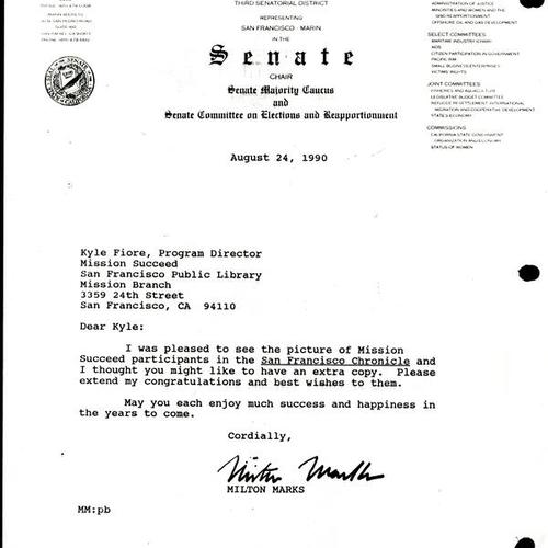 Letter from Senator Milton Marks, August 24 1990