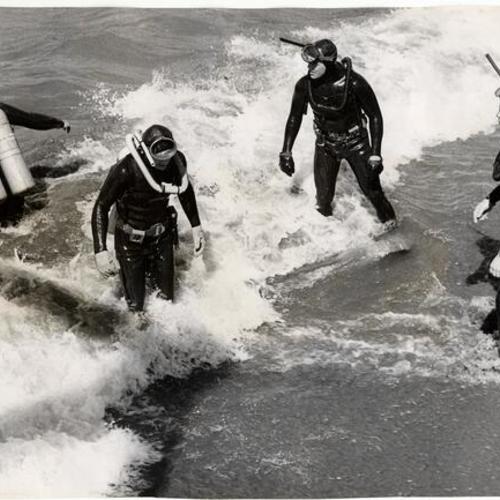 [Skin divers Ray Anderson, Paul Schneider, Richard Moore, Sgt. Gene Messerschmidt and Donald Cavanaugh during a practice session at Aquatic Park]