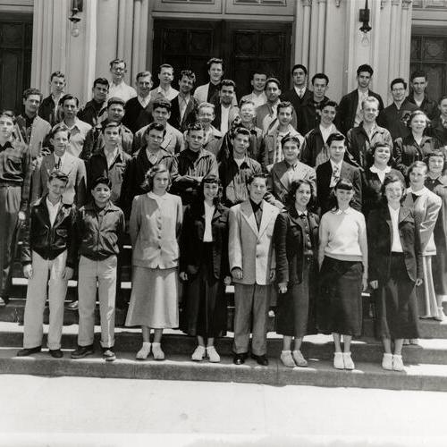 [Group photo of drama club on steps of St. Peter's Church]