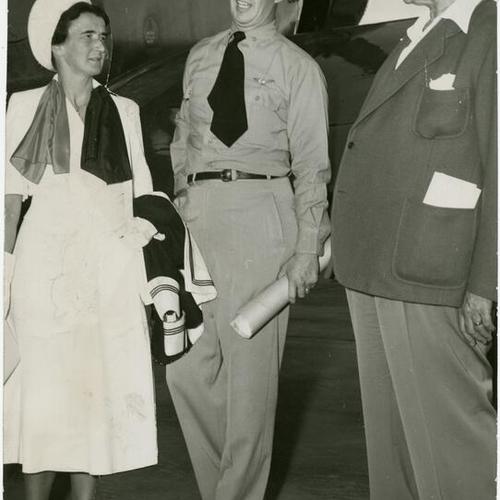 [A. P. Giannini and his daughter, Mrs. Clair Hoffman, tour U.S. Air Force bombers at Pearl Harbor]