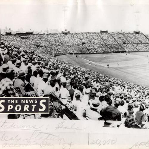 [20,000 fans watching the San Francisco Seals play at Seals Stadium on "Decoration Day" in 1954]