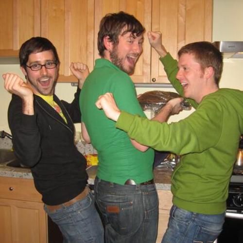 [Steven, Mitchel and Evan dancing in the kitchen while cooking dinner]