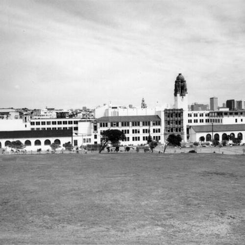 [View of Mission High School from Dolores Park]
