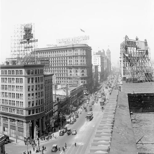[Market Street looking east as viewed from rooftop across from Native Sons Statue]