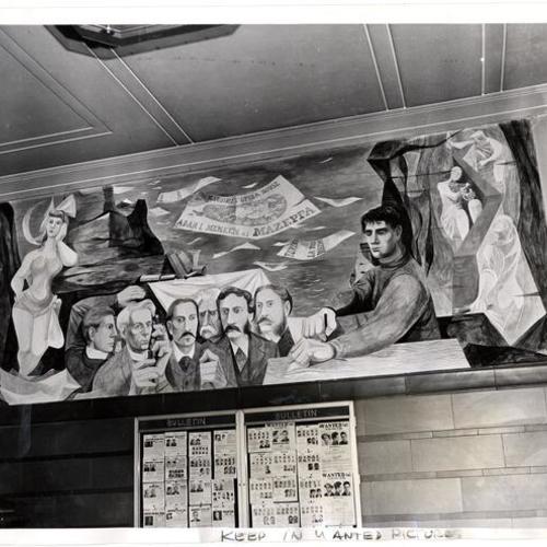 [Mural depicting literary and stage figures: Lotta Crabtree, Frank Norris, Luther Burbank, Robert Louis Stevenson, Mark Twain, Bret Harte, H.H. Bancroft, Jack London and Adah Isaacs Menken, by artist Anton Refregier at the Rincon Annex Post Office]