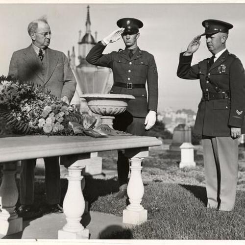 [State Senator Walter McGovern, Corporal Edward R. Brown and Major Manley B. Gibson at Laurel Hill Cemetery during a ceremony commemorating the death of Colonel E. D. Baker]