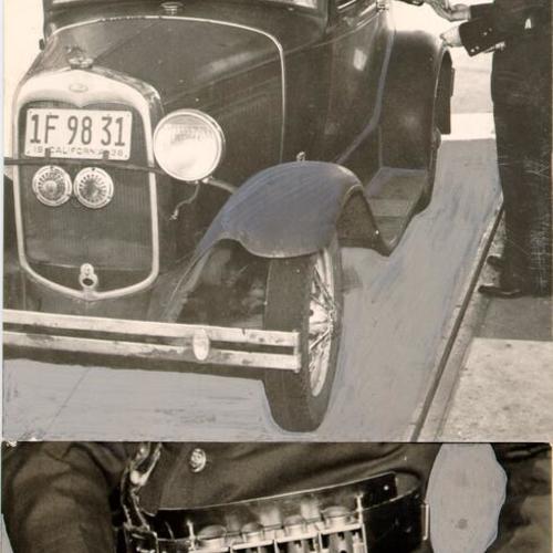 [Toll taker at the San Francisco-Oakland Bay Bridge collecting a fare from a motorist; with second image showing closeup of change machine]