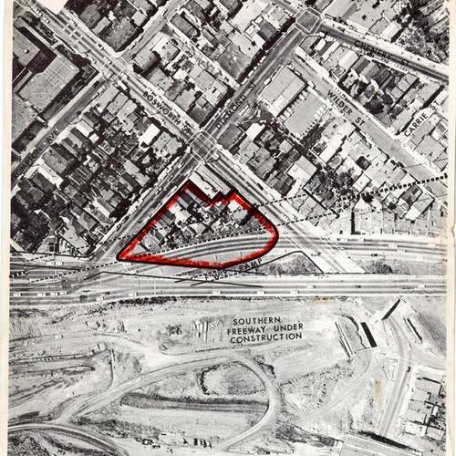 [Aerial view of Glen Park's Southern Freeway Bosworth Street station area with artitsts details]