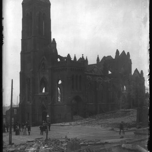 Remains of Grace Cathedral and rubble after earthquake