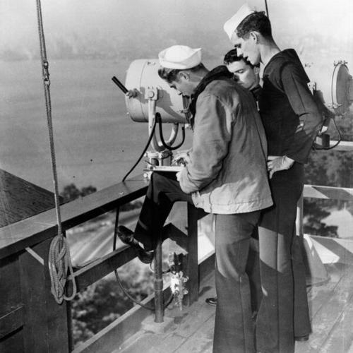 [Signalmen Louis Guye, John Johnson and Charles Andrus at the Navy's Yerba Buena Island signal station]