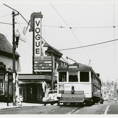 [Streetcar passing in front of the Vogue Theater on Sacramento Street]