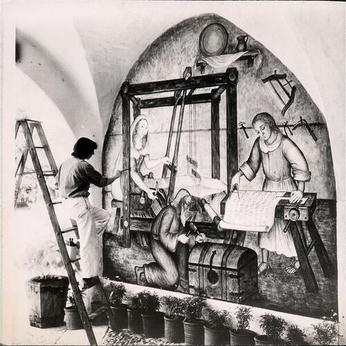 [Maxine Albro painting a mural at the Allied Arts Guild in Menlo Park]