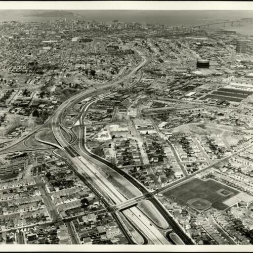 [Aerial view of Bayshore Freeway looking North]