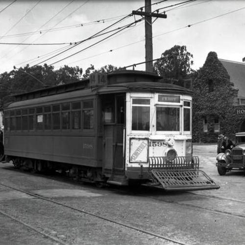 [Market Street Railway outbound #14 Cemeteries line car 1598 entering Holy Cross siding in Colma]