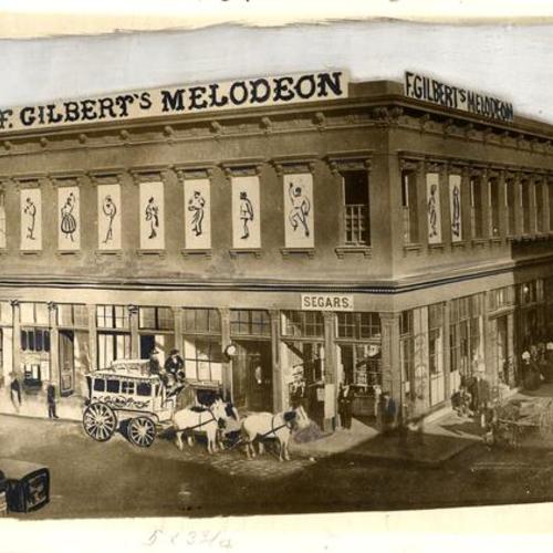 [F. Gilbert's Melodeon located at Clay and Kearny Streets]