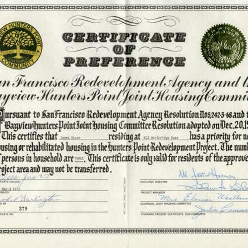 [Certificate of Preference from San Francisco Redevelopment Agency]