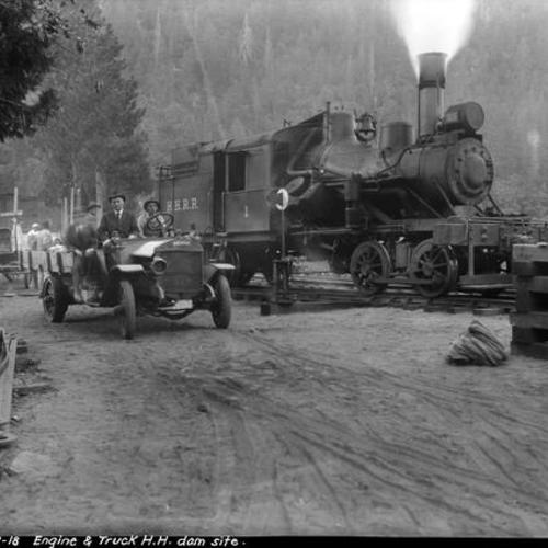 [Hetch Hetchy Railroad Engine #1 and Truck at HH Dam site, M.M.]