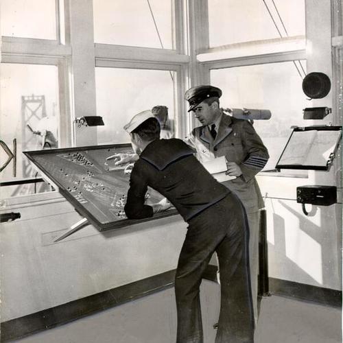 [Signalman 1/c Foster R. English and Chief Signalman Stanley Jones at the Navy's Yerba Buena Island signal station]