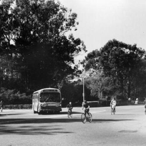[Bicyclists and pedestrians on JFK Drive in Golden Gate Park]