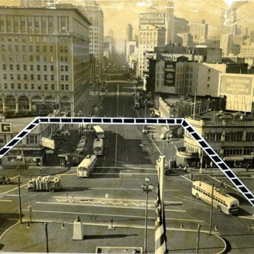 [Photograph of Market Street at the Embarcadero, with lines indicating  area planned to be made into a park]